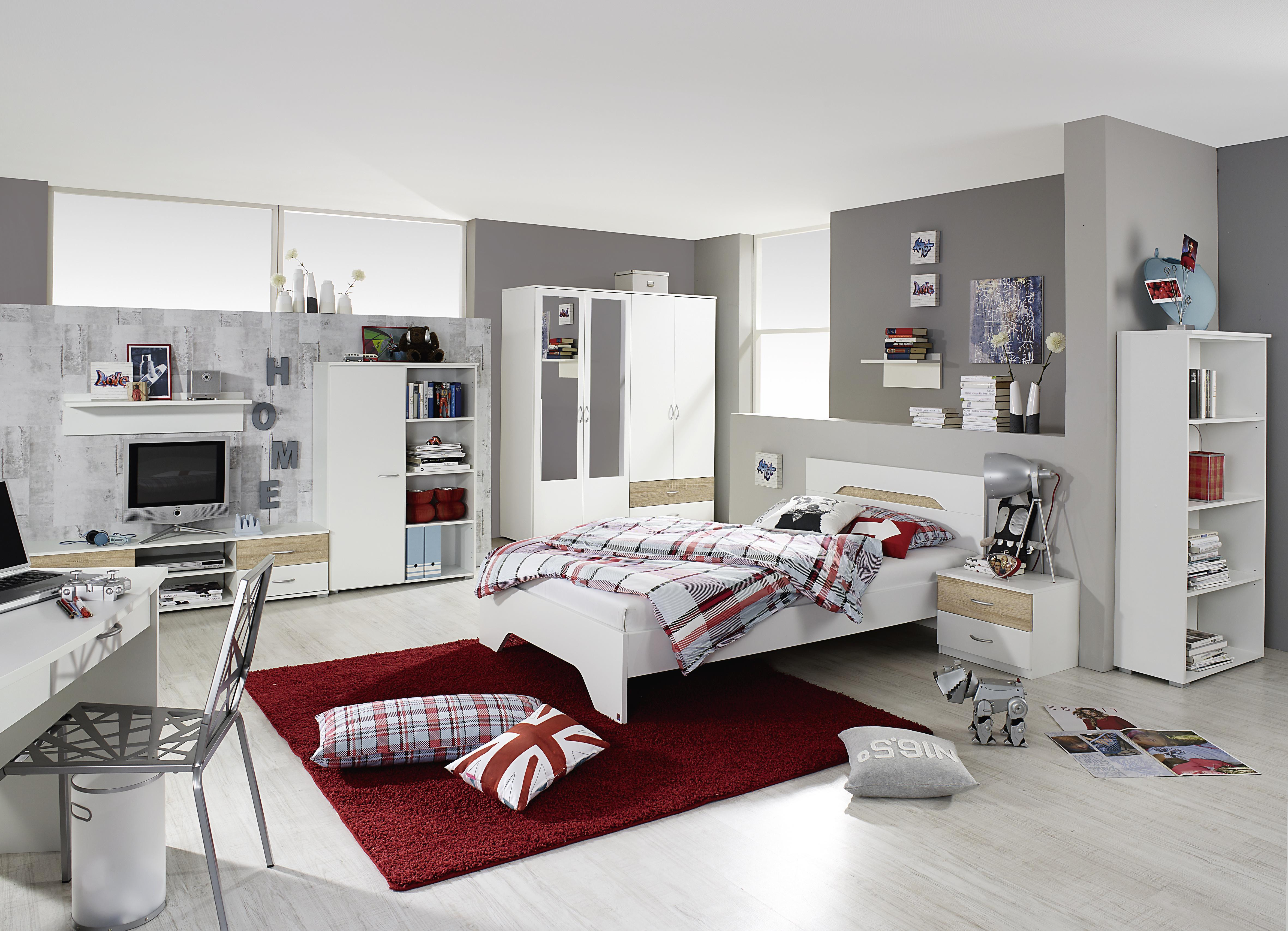 Jugendzimmer Mit Bett 120 X 200 Cm Alpinweiss/ Eiche Sonoma Woody 33-01055 modern