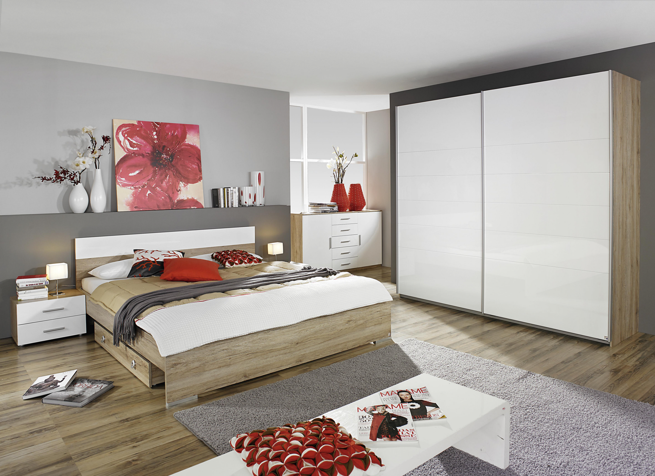 Schlafzimmer-set Eiche Sanremo Hell Mit Bett 180 X 200 Cm Woody 33-01206 Modern
