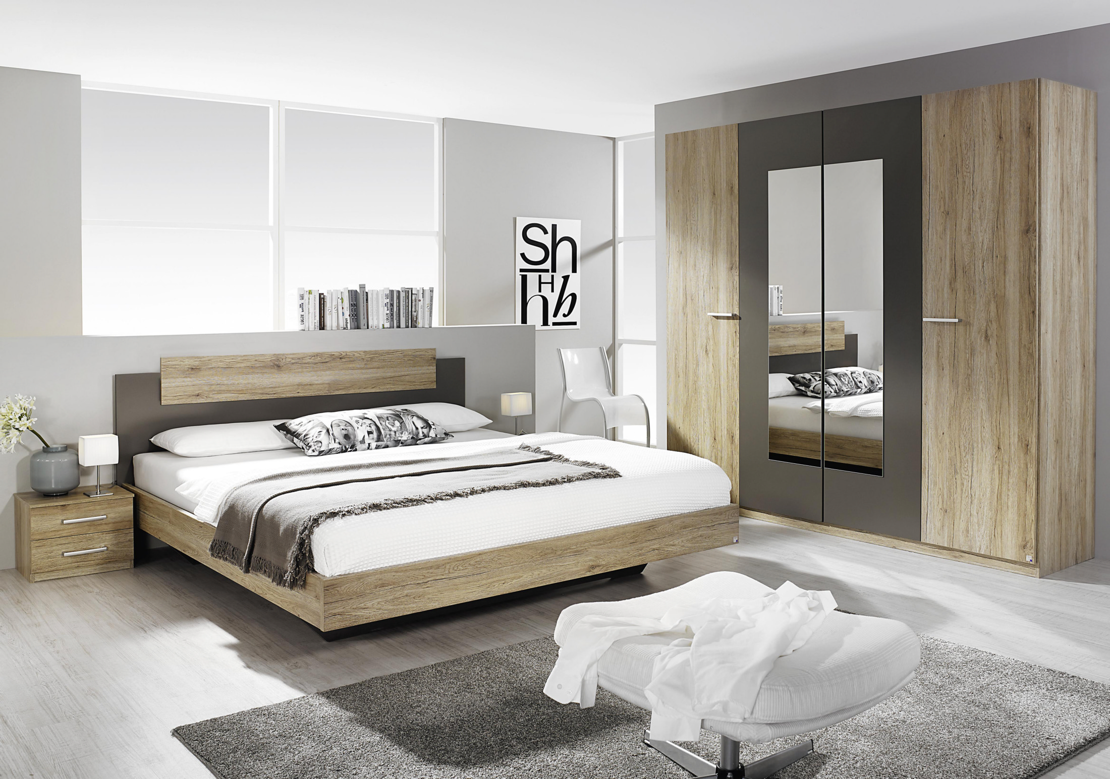Schlafzimmer-set Mit Bett 180 X 200 Cm Eiche Sanremo Hell Woody 33-01232 Modern