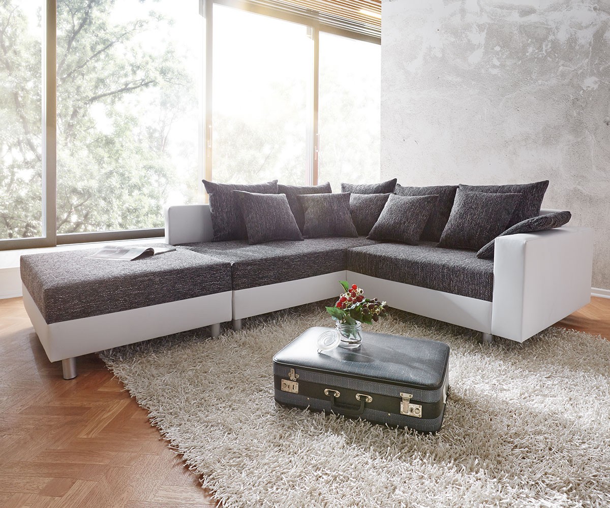 DELIFE Ecksofa Clovis Weiss Schwarz modular Armlehne Hocker Ottomane Links, Design Ecksofas, Couch Loft, Modulsofa, modular