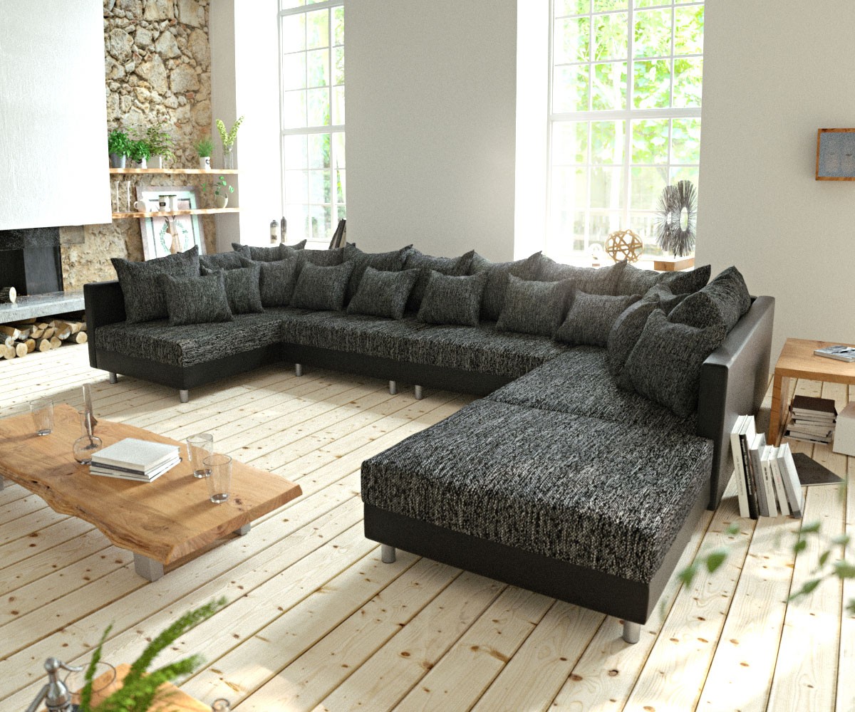 DELIFE Wohnlandschaft Clovis XL Schwarz Modulsofa mit Hocker, Design Wohnlandschaften, Couch Loft, Modulsofa, modular