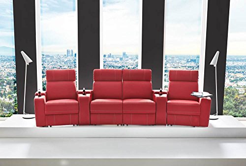 4er Cinema Sessel, Kunstleder in rot, verstellbar durch Halbautomatik mit Getränkehaltern, Stauraumfächern u. Ablage, Maße: B/H/T ca. 356/101/100 cm