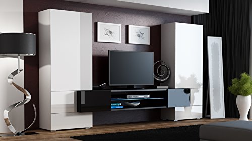 BMF "Torro" Wohnwand TV-Unterschrank TV-Ständer mit LEDs, Glas-Regal Hochglanz-Optik weiß / schwarz