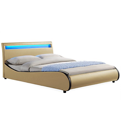 Corium LED Polsterbett "Valencia" (beige)(180x200cm) modernes Bett / Kunst-Leder / mit Stecklattenrost /