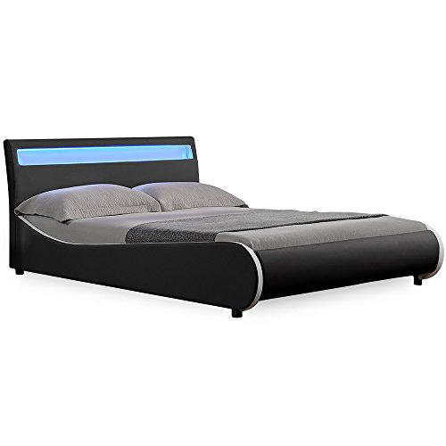 Corium LED Polsterbett "Valencia" (schwarz)(140x200cm) modernes Bett / Kunst-Leder / mit Stecklattenrost /