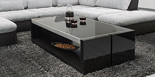 Couchtisch schwarz Hochglanz mit Glasplatte Evo 130x70cm Glastisch Aluminium gebürstet