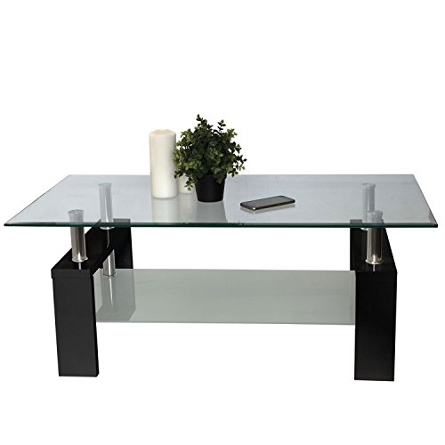 Design Couchtisch, 2 Ebenen, untere Glasplatte satiniert, Holzbeine hochglanz Schwarz, 110x60x45cm - Glastisch Kaffeetisch Wohnzimmertisch