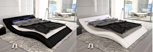 Designer Leder Bett Polsterbett mit LED Beleuchtung Lederbett weiss oder schwarz wellenförmig modern gewelltes Bett günstig (200x200 cm)
