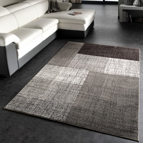 Designer Teppich Modern Kariert Kurzflor Design Meliert In Grau Creme Braun, Grösse:140x200 cm