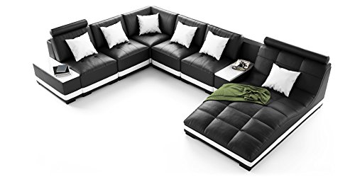 Echt Leder Sofa U-Form Wohnlandschaft Milano schwarz weiß mit Premium Kunstleder (Spiegelverkehrt)