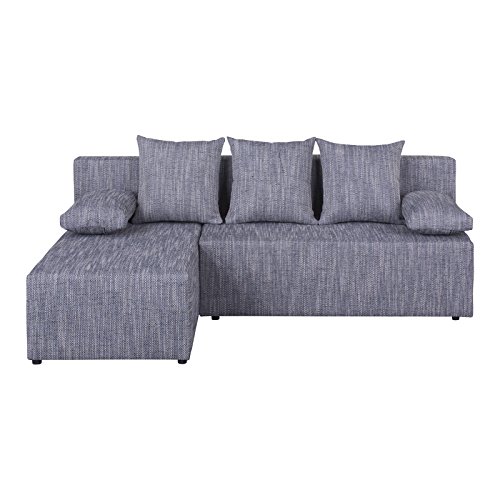 Eckcouch Ecksofa Sofa Couch LASSE mit Schlaffunktion, Strukturgewebe in grau, mit Kissen, Bettkasten