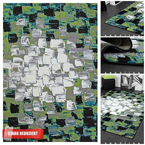 Exklusiver Designer Teppich mit Stilvollem Mosaik in Grün Schwarz | Hochwertiger Kurzflor Teppich im Pixel Art Design | Moderner Ausgefallener Flachflor Teppich Läufer für Schlafzimmer, Diele oder Wohnzimmer, Farbe:Schwarz;Größe:120x170 cm