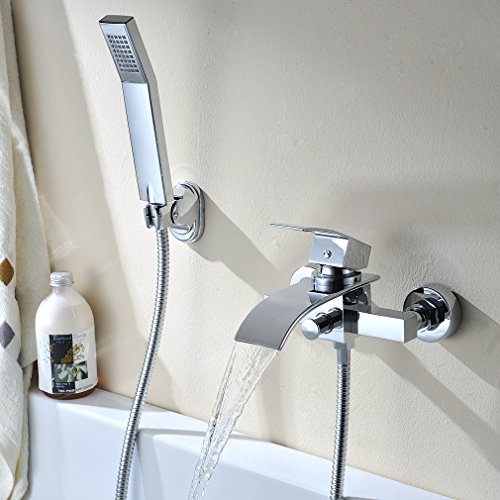 Kinse® Elegant Zeitgenössische Chrom Armatur Wasserfall Badewanne Wasserhahn inkl. Wandhalterung mit Handbrause für Bad Badezimmer