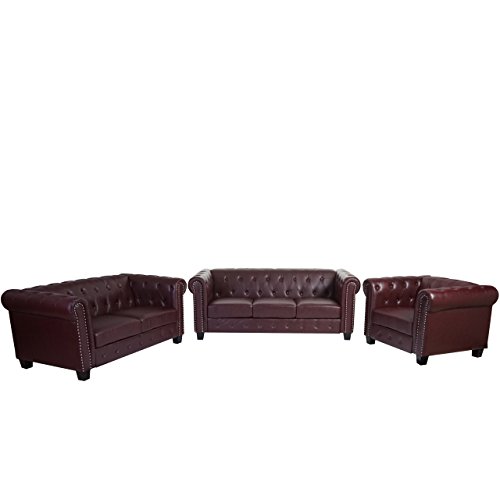 Luxus 3-2-1 Sofagarnitur Couchgarnitur Loungesofa Chesterfield Kunstleder ~ eckige Füße, rot-braun