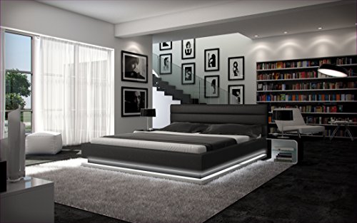 Polster-Bett 140x200 cm schwarz aus Kunstleder mit LED-Beleuchtung am Fuß des Bettes | Inapir | Das Kunst-Leder-Bett ist ein edles Designer-Bett | Doppel-Bett 140 cm x 200 cm in Leder-Optik, Made in EU