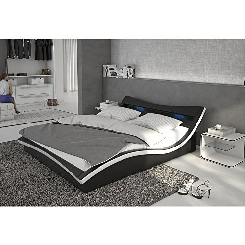 Polster-Bett 140x200 cm schwarz-weiß aus Kunstleder mit LED-Beleuchtung | Magari | Das Kunst-Leder-Bett ist ein Designer-Bett | Doppel-Betten 140 cm x 200 cm mit Lattenrost in Leder-Optik, Made in EU