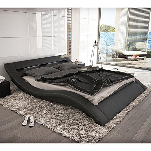 Polster-Bett 200x200 cm schwarz aus Kunstleder mit LED-Beleuchtung | Kool | Das Kunstleder-Bett ist ein Designer-Bett | Doppel-Betten 200 cm x 200 cm in Kunstleder, Made in EU