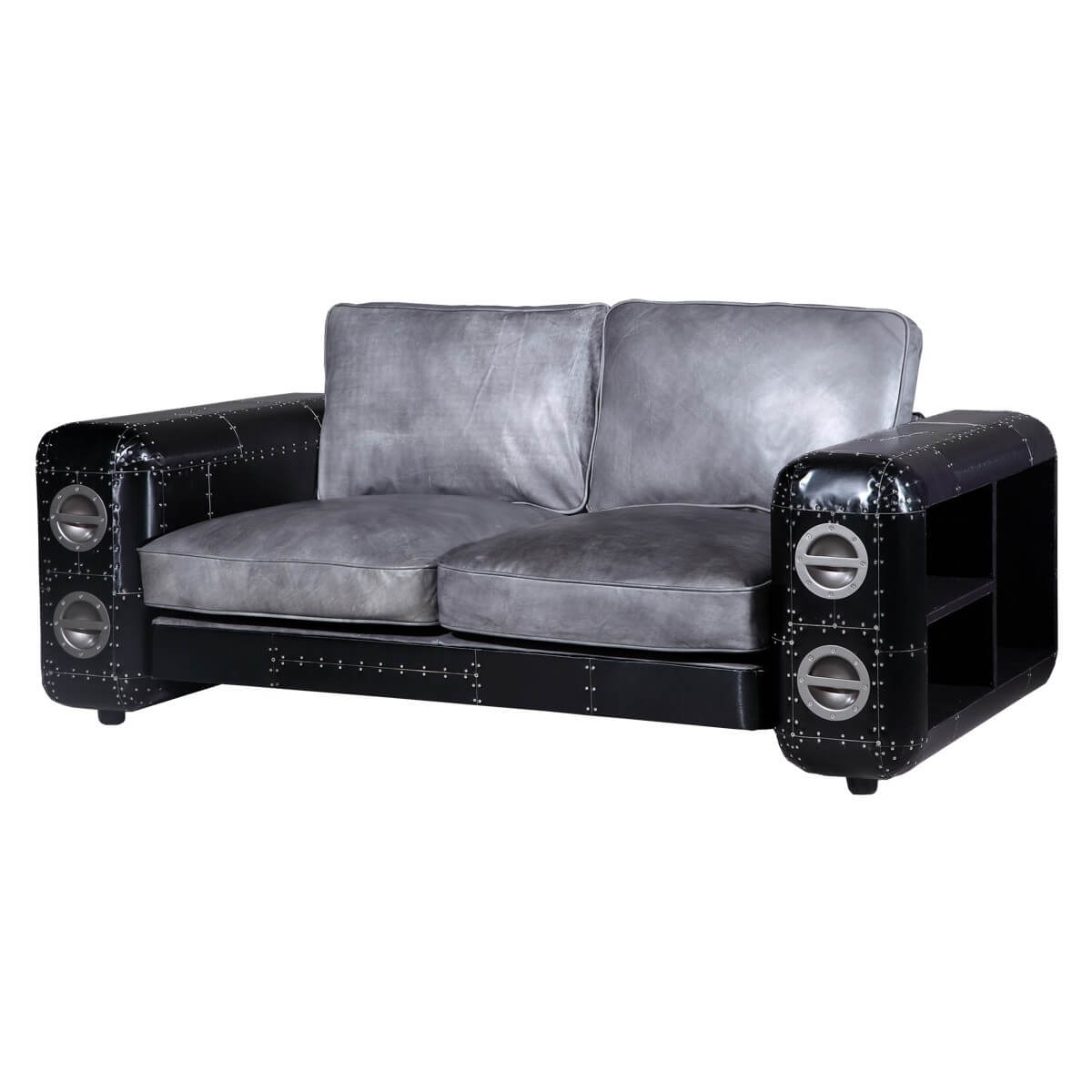 Sofa 2-Sitzer in Leder Silber und Schwarzblech