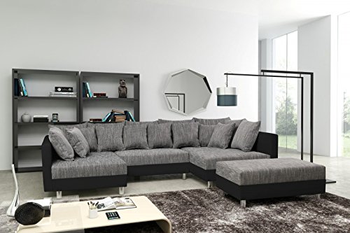 Sofa Couch Ecksofa Eckcouch in schwarz / hellgrau Eckcouch mit Hocker- Minsk XXL