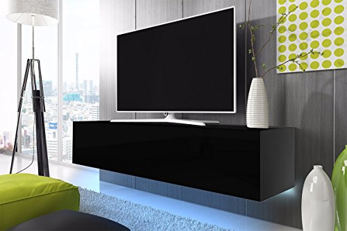 TV Schrank Lowboard Hängeboard SIMPLE mit LED Blau (Schwarz Matt / Schwarz Hochglanz 140 cm)