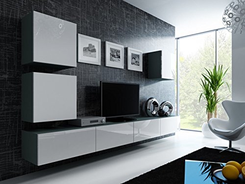 Wohnwand ' Vigo 22' Hochglanz Hängeschrank Lowboard Cube , Farbe:grau matt / weiß Hochglanz