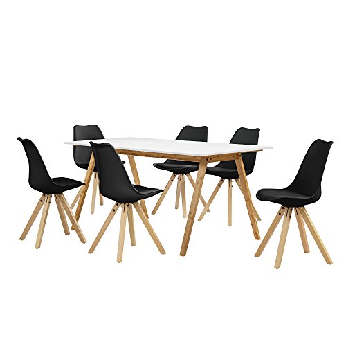 [en.casa] Esstisch Bambus weiß mit 6 Stühlen schwarz gepolstert 180x80cm Esszimmer Essgruppe Küche