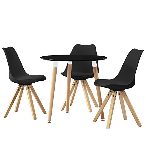 [en.casa] Esstisch rund schwarz [Ø80cm] mit 3 Stühlen schwarz gepolstert Esszimmer Essgruppe Küche