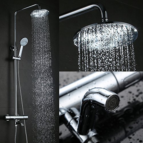 Kinse® Elegant Chrom Überkopf-Brauseset rain Duschsystem Duschstange mit Brausethermostat Regendusche Duschset inkl. Handbrause und Regenbrause