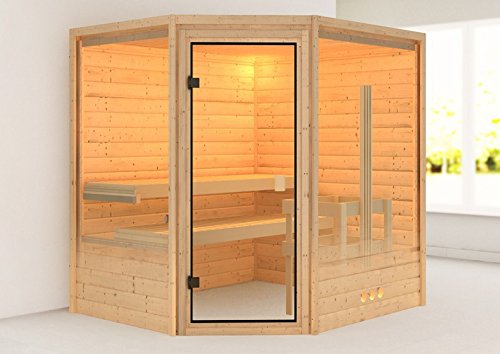 Karibu Sauna Elia mit Dachkranz (Eckeinstieg) - für niedrige Räume