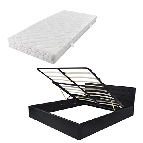 Festnight Bett Bettrahmen Polsterbett Doppelbett Bettgestell mit Gasfeder & 160x200 cm Matratze & Staufach - Schwarz