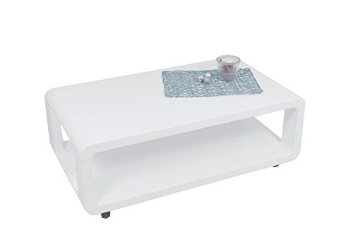 CAVADORE Couchtisch LEONA / moderner, niedriger Holztisch mit Rollen und Ablage / Hochglanz Weiß / 105 x 58 x 38 cm (L x B x H)
