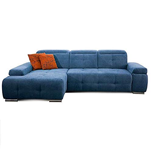 CAVADORE Schlafsofa Mistrel mit Longchair XL links / Große Eck-Couch im modernen Design / Mit Bettfunktion / Inkl. verstellbare Kopfteile / Wellenunterfederung / 273 x 77 x 173 / Kati Mittelblau