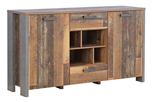 FORTE Clif Kommode mit 2 Türen und 2 Schubladen, Holzwerkstoff, Old – Wood Vintage/ Betonoptik Dunkelgrau, 156,4 x 86,3 x 41,6 cm