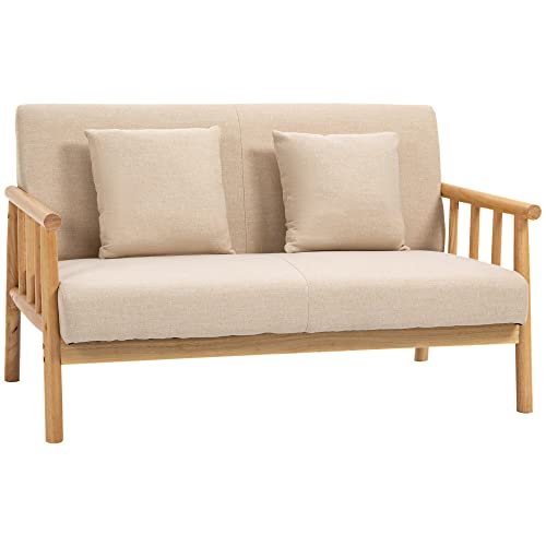 HOMCOM 2 Sitzer Sofa, Couch mit 2 Lendenkissen, Gepolsterter Polstersofa mit Holzrahmen, Leinenoptik, Modern Doppelsofa für kleine Räume, Wohnzimmer, Schlafzimmer, Beige