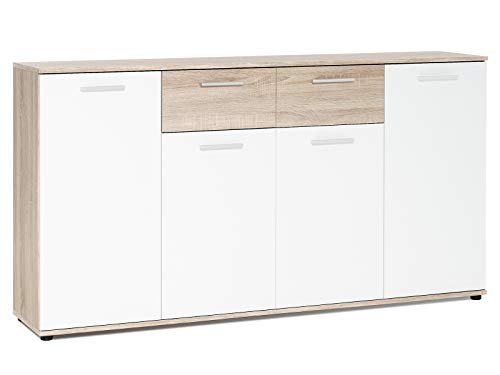 möbelando Sideboard >Jacklin< in Sonoma Eiche Absetzung weiß - Moderne Kommode mit viel Strauraum für Ihren Wohnbereich - 160 x 85 x 35 cm (B/H/T) Beistellschrank Anrichte Standschrank Highboard