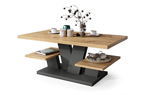 All4All Couchtisch Valerio - Wohnzimmertisch - Kaffeetisch – Tisch mit Ablagen - Esszimmertisch - Coffee Table - 110x60cm - 05 - Artisan Eiche + Antracyt