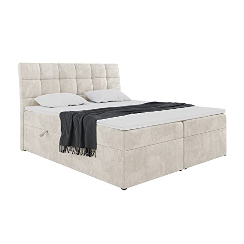 MEBLINI Boxspringbett mit Bettkasten - Gepolstert Doppelbett mit Matratze und Topper - Polsterbett mit Stauraum - Bett mit Kopfteil - Stauraumbett - Drago - 180x200 - H3/Creme Samt