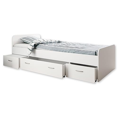 Boro Modernes Einzelbett mit 3X Schubkästen 90 x 200 cm - Praktisches Jugendzimmer Kojenbett in Weiß - 95 x 66 x 204 cm (B/H/T)