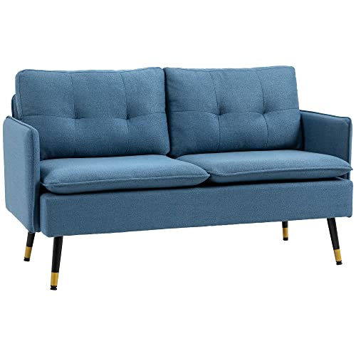 HOMCOM 2 Sitzer Sofa, Couch mit Dickem Kissen, Leinenoptik, Polstersofa mit Stahlbeine, Modernes Doppelsofa für Wohnzimmer, Schlafzimmer, Dunkelblau