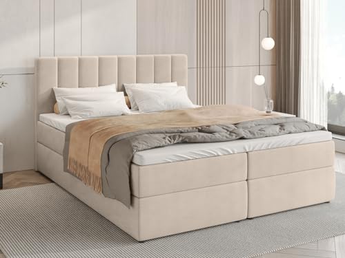 BROMARKT Boxspringbett Denver 160x200 cm - Doppelbett mit Bonell Matratze - Modern Boxspringbett - Polsterbett mit Bettkasten und Gepolsterte Kopfstütze - Beige