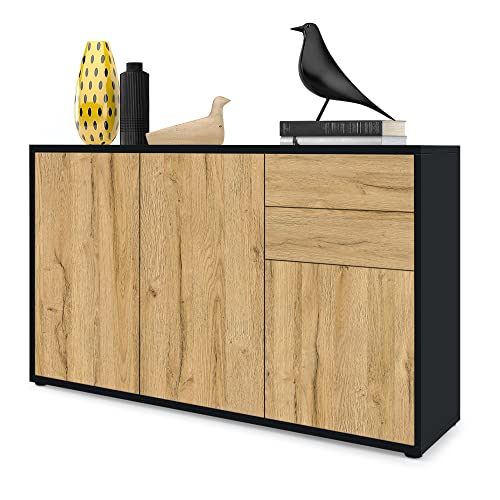 Vladon Sideboard Ben V3, Kommode mit 3 Türen und 2 Schubladen, Schwarz matt/Eiche Natur (117 x 74 x 36 cm)