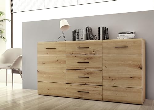 Forte SEIKOLA Sideboard mit 4 Schubladen und 2 Türen, Holzwerkstoff, Artisan Eiche/Schwarz, B x H x T: 169,6 x 91,3 x 41,1 cm