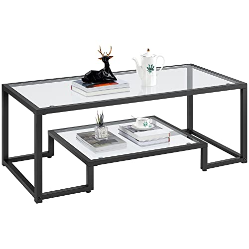 Yaheetech Couchtisch Kaffeetisch 2-stufiger Sofatisch aus Hartglas und Metallrahmen Moderner Beistelltisch mit Ablage Glastisch für Wohnzimmer/Terrasse/Balkon, 106 × 50 × 45 cm Schwarz