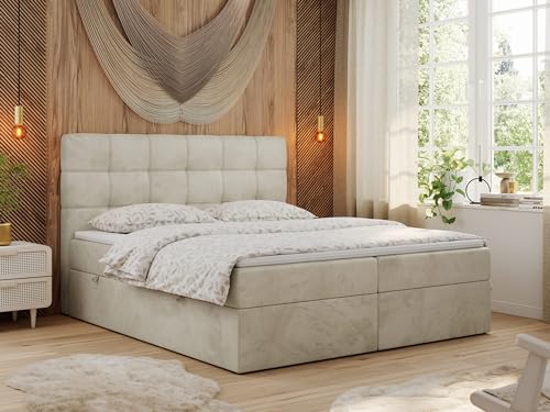 MKS MEBLE Boxspringbett 180x200 mit Matratze, Bett mit Multipocket - Matratze H3 und Topper, Polsterbett 180x200 mit Bettkasten und Kopfteil, TOP-1 - Beige Velvet