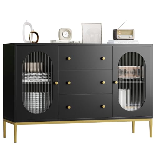 FirFurd 120cm breit Sideboard Küchenschrank mit 2 Glastüren 3 Schubladen, Buffetschrank Holz, Aufbewahrungsschrank für Küche Wohnzimmer Esszimmer 120 x 38 x 80 cm Schwarz