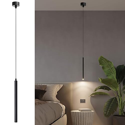 ACMHNC LED Pendelleuchte, Zylinder Hängelampe Schwarz für Schlafzimmer Nachttisch Esszimmer, Moderne Deckenlampe Pendellampe Höhenverstellbar, Warmweiß Hängeleuchte lang, 30cm