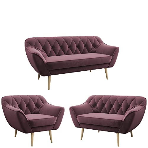 MKS MEBLE Sofa Rosa - Moderne Sofa Set 3+2+1 - Skandinavische Deko Polstersofa - Pirs Zwei Loungesofas und Sessel - Sechs Personen Rosa