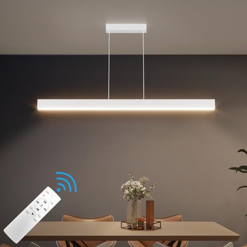 Klighten Led Dimmbar Pendelleuchte Esstisch 100Cm/36W, 3000K-6000K Hängeleuchte Mit Fernbedienung Esstischlampe Linear Design, Hängelampe 150Cm Höhenverstellbar Kronleuchter Für Esszimmer Küche, Weiß