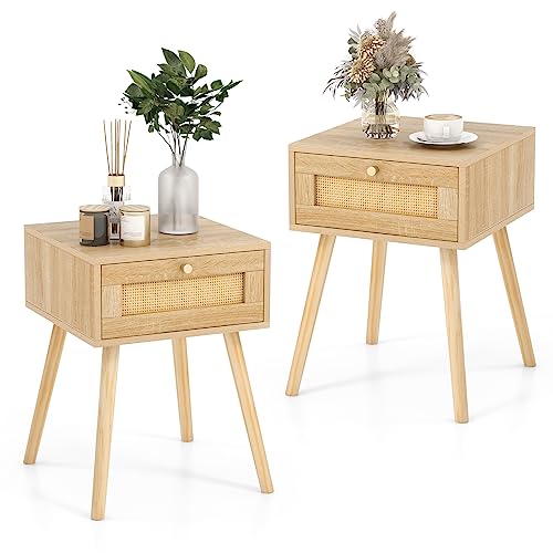 COSTWAY 2er Set Nachttisch Rattan, Beistelltisch mit Schublade, Nachtkommode, Nachtkonsole, Sofatisch für Schlafzimmer, Wohnzimmer, Eiche, 40 x 40 x 55 cm