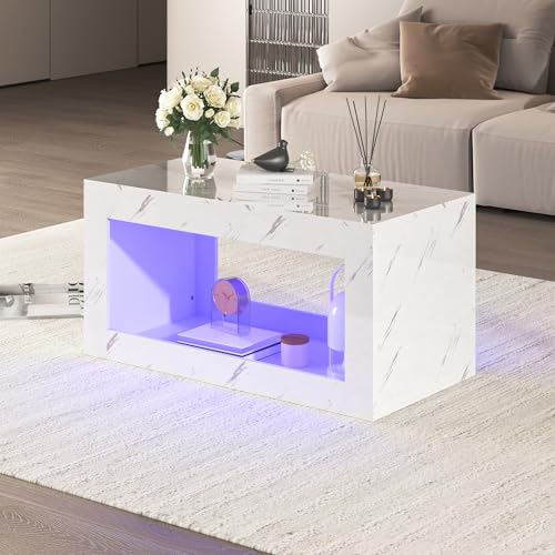 Merax Couchtisch, LED Wohnzimmertisch mit Stauraum, Hochglanz Tisch Wohnzimmer, Modern Sofatisch, 100 x 50 x 50 cm, Weiß